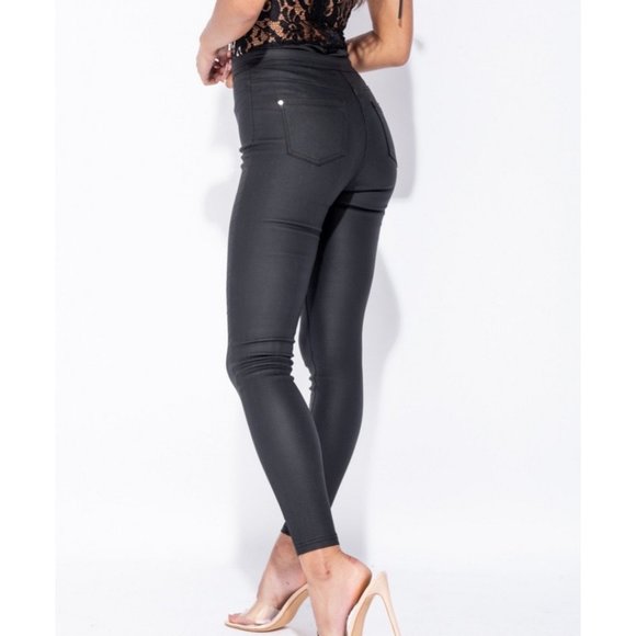 Black Vegan Leather Coated High Waist Skinny Pants - Picture 4 of 9